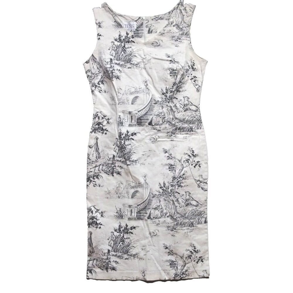 TESS Bodycon dress French Toile Colonial Pattern Sz 8 stretch Sleeveless Career